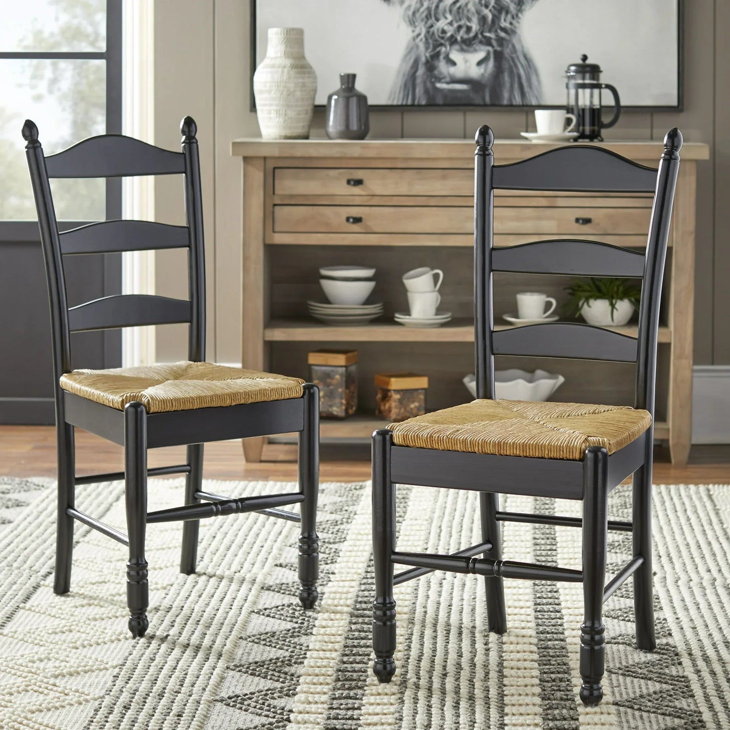 Set of 2 Black Ladder Back Dining Chairs with Rush Seat - Indoor Use