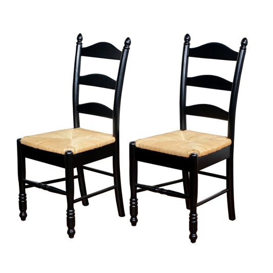 Set of 2 Black Ladder Back Dining Chairs with Rush Seat - Indoor Use