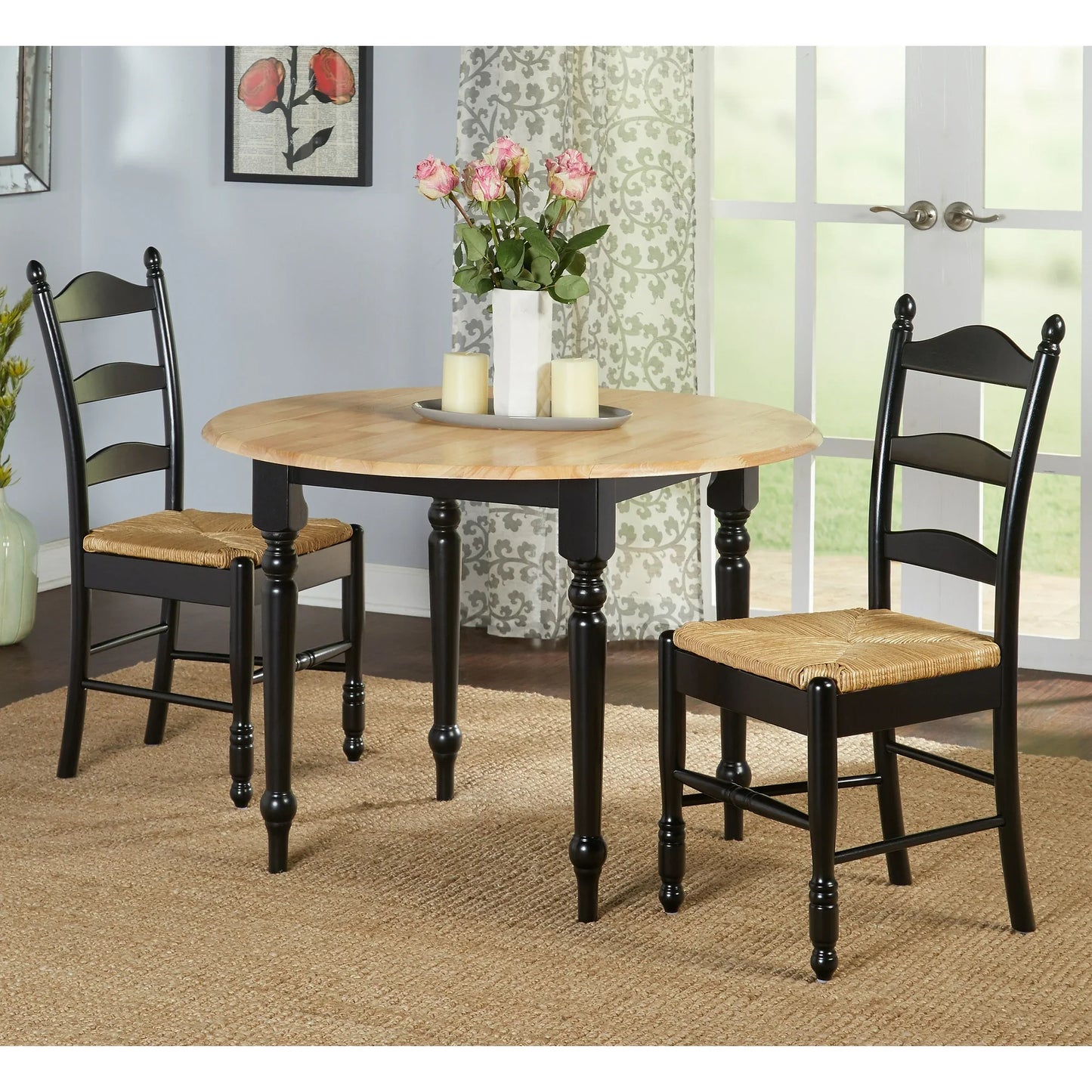 Set of 2 Black Ladder Back Dining Chairs with Rush Seat - Indoor Use